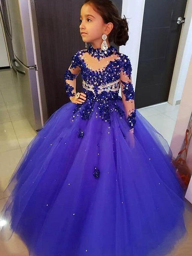 Gorgeous Ball Gown 3/4 Length Sleeve Flower Girl Dress with Illusion Neck and Tulle Solid Crystals and Rhinestones-BallBride