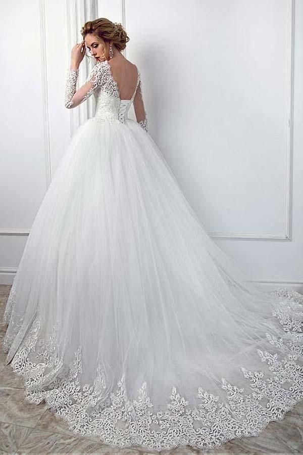 Gorgeous Ball Gown Long Sleeves Jewel Wedding Dress With Tulle Lace-BallBride