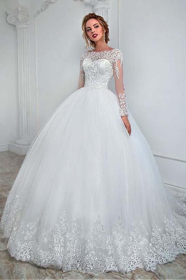 Gorgeous Ball Gown Long Sleeves Jewel Wedding Dress With Tulle Lace-BallBride