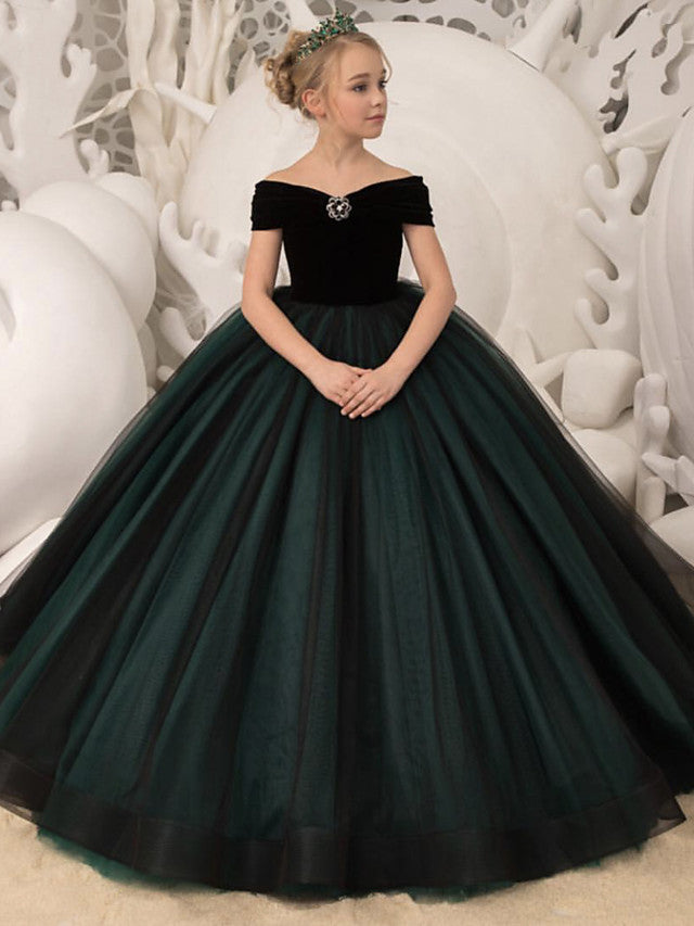 Gorgeous Ball Gown Off Shoulder Flower Girl Dress with Bow and Crystal Brooch-BallBride