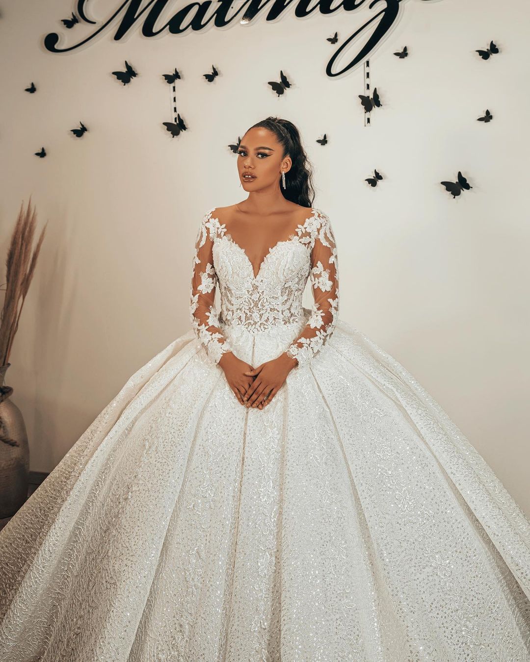 Gorgeous Ball Gown Sweetheart Wedding Dress with Long Sleeves, Ruffles, Appliques, Lace & Sequins-BallBride