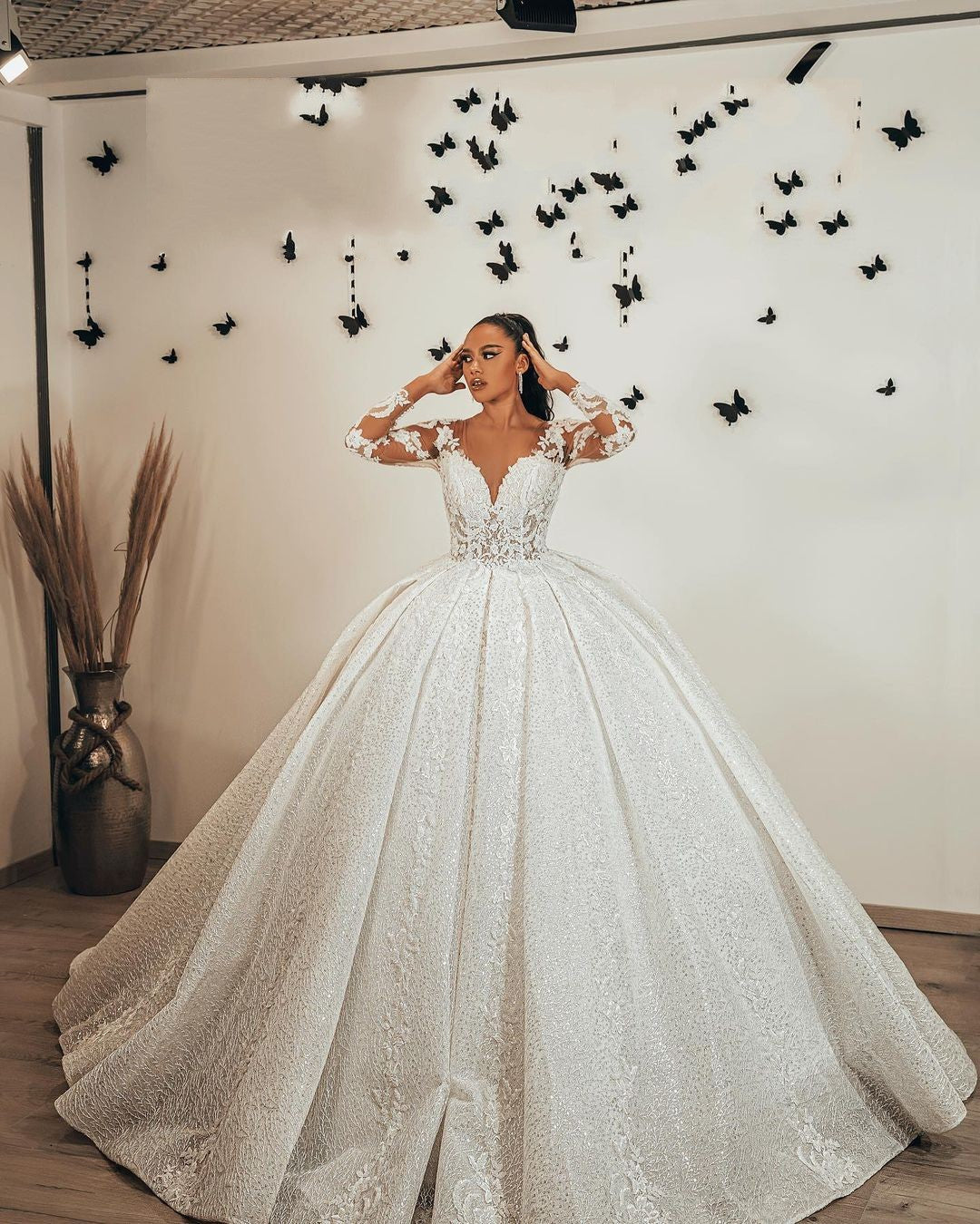 Gorgeous Ball Gown Sweetheart Wedding Dress with Long Sleeves, Ruffles, Appliques, Lace & Sequins-BallBride