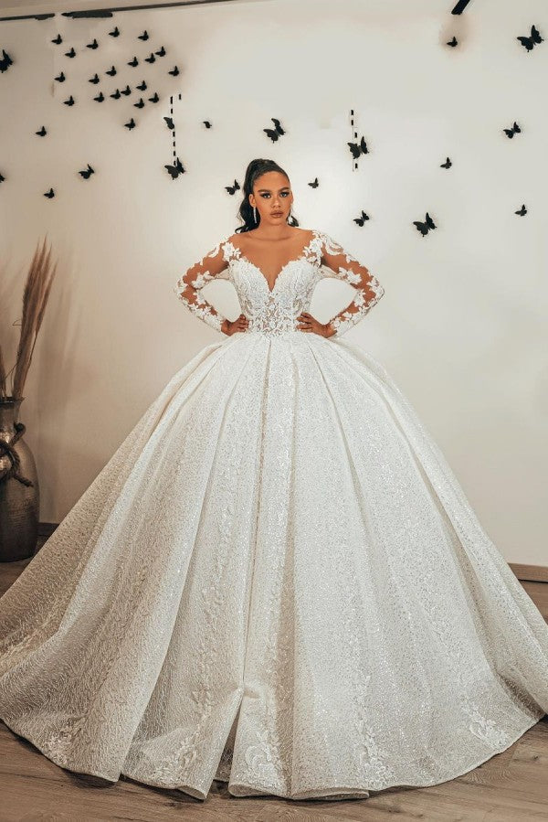 Gorgeous Ball Gown Sweetheart Wedding Dress with Long Sleeves, Ruffles, Appliques, Lace & Sequins-BallBride