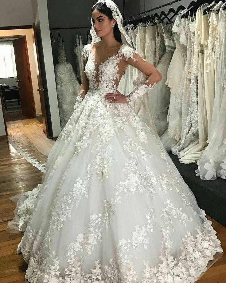 Gorgeous Bateau Lace Wedding Dress with Long Sleeves and Backless Design-BallBride