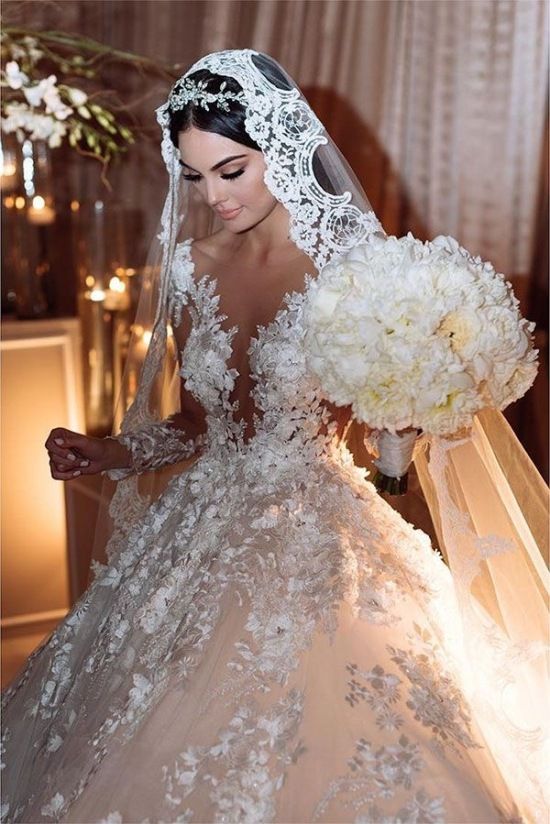 Gorgeous Bateau Lace Wedding Dress with Long Sleeves and Backless Design-BallBride