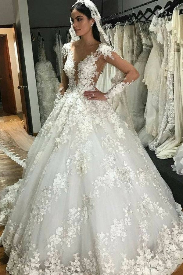 Gorgeous Bateau Lace Wedding Dress with Long Sleeves and Backless Design-BallBride