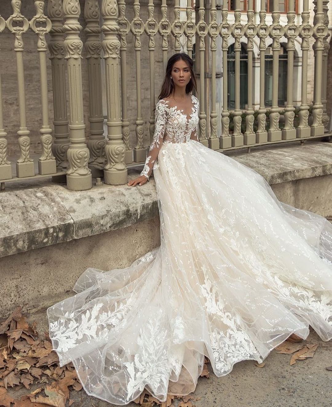 Gorgeous Bateau Long Sleeve Train A-Line Wedding Dress With Appliques Lace-BallBride