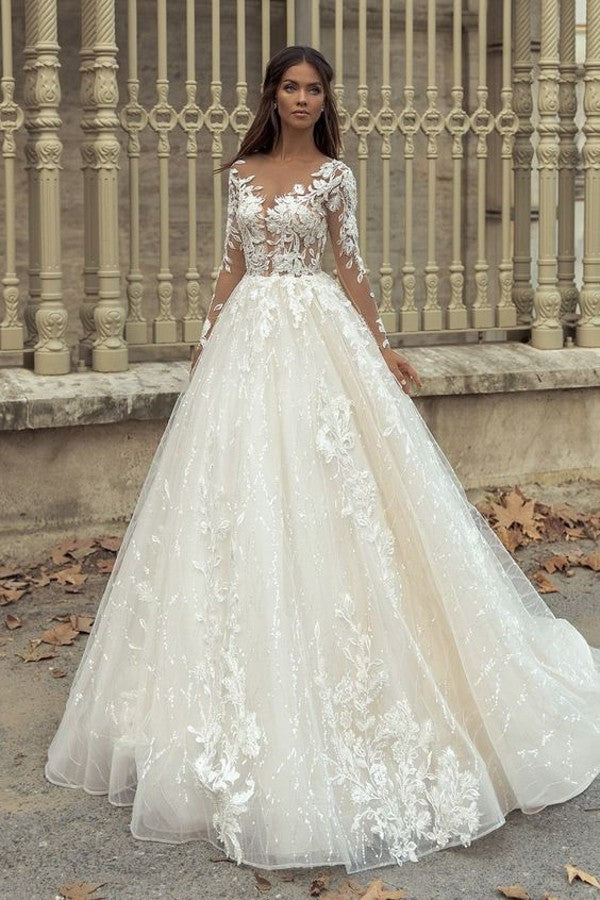Gorgeous Bateau Long Sleeve Train A-Line Wedding Dress With Appliques Lace-BallBride