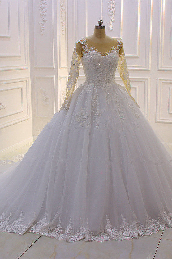 Gorgeous Bateau Long Sleeves Lace A-Line Wedding Dress with Pearl Tulle Appliques-BallBride