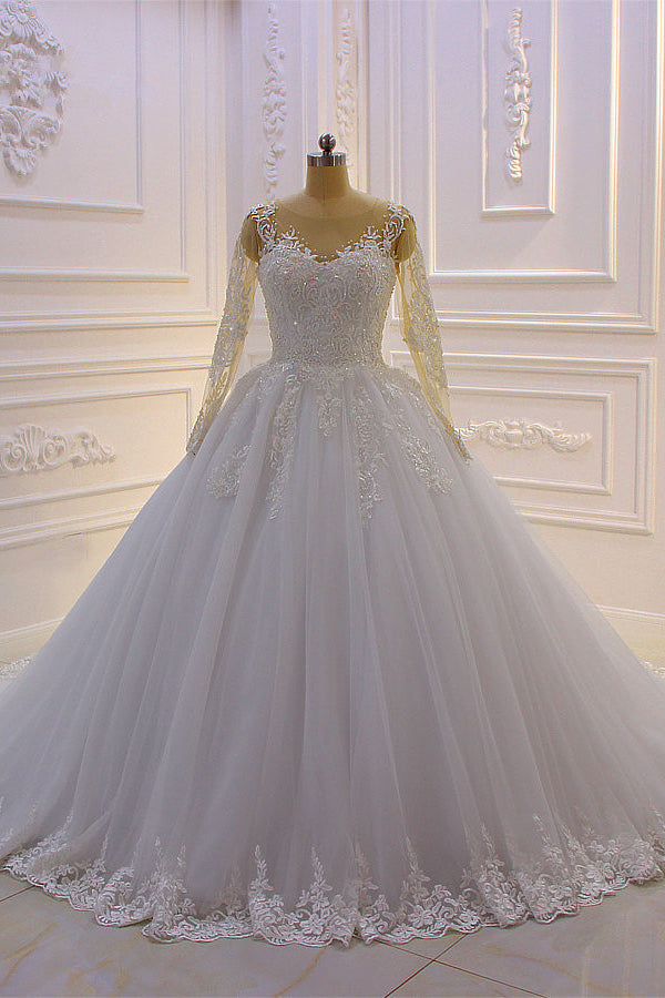 Gorgeous Bateau Long Sleeves Lace A-Line Wedding Dress with Pearl Tulle Appliques-BallBride