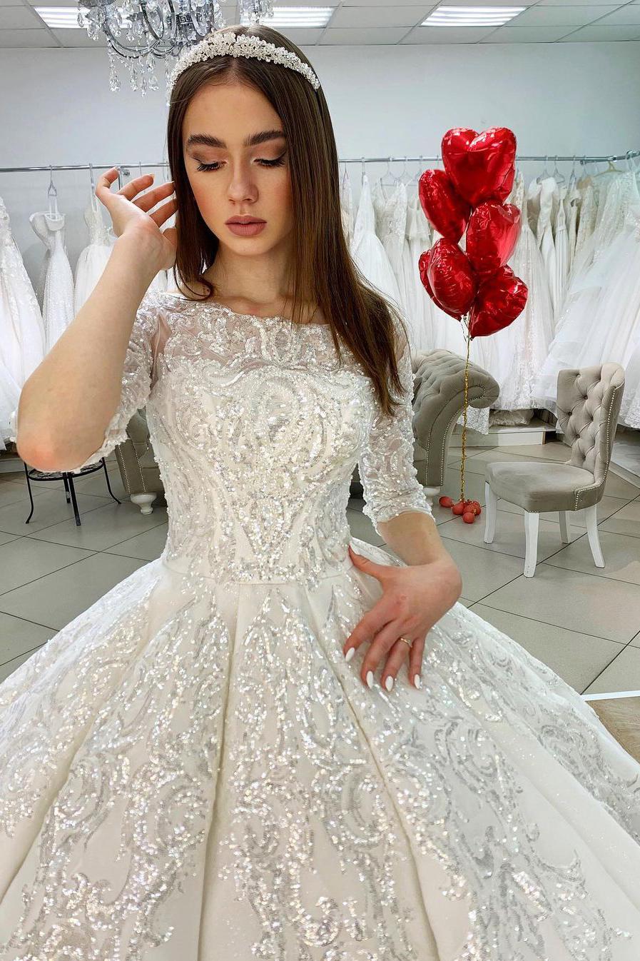 Gorgeous Bateau Satin Princess Wedding Dress With Appliques Lace-BallBride