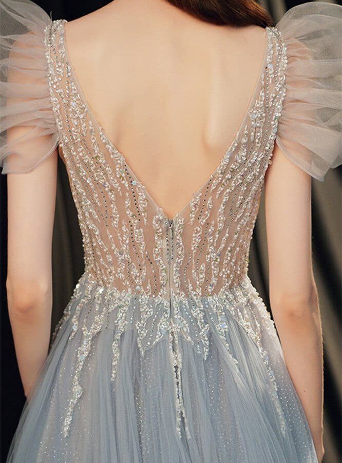 Gorgeous Beaded V-Neck Prom Dress with Bubble Sleeves-BallBride