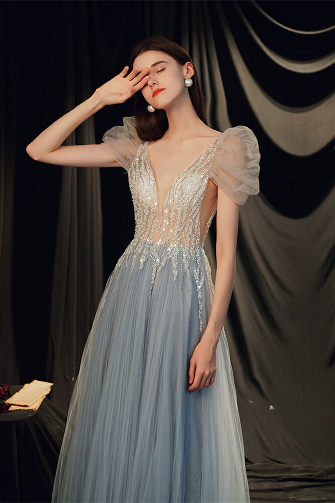 Gorgeous Beaded V-Neck Prom Dress with Bubble Sleeves-BallBride