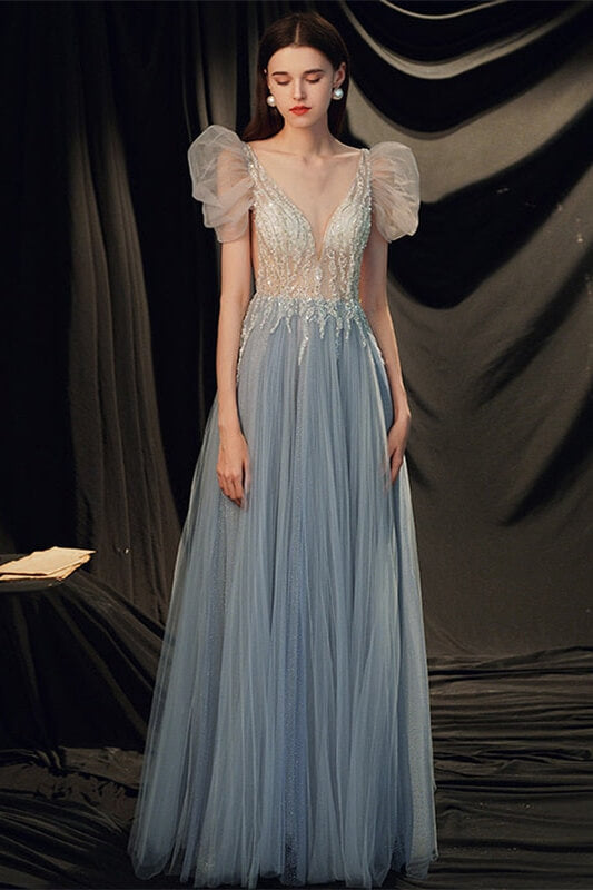 Gorgeous Beaded V-Neck Prom Dress with Bubble Sleeves-BallBride