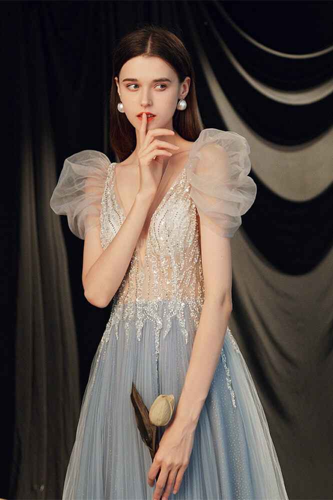 Gorgeous Beaded V-Neck Prom Dress with Bubble Sleeves-BallBride