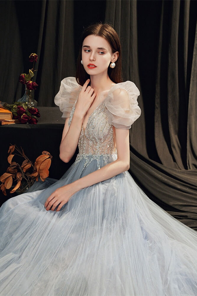Gorgeous Beaded V-Neck Prom Dress with Bubble Sleeves-BallBride