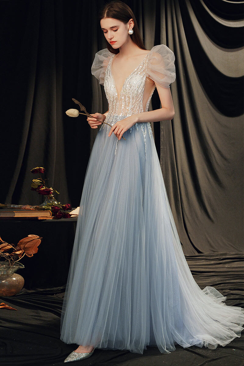 Gorgeous Beaded V-Neck Prom Dress with Bubble Sleeves-BallBride