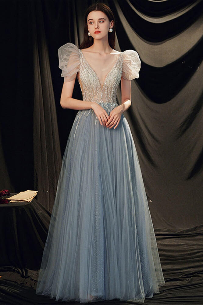 Gorgeous Beaded V-Neck Prom Dress with Bubble Sleeves-BallBride