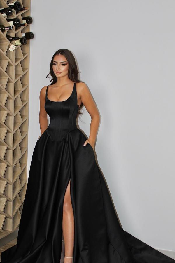 Gorgeous Black A-Line Prom Dress with Split Pockets - On Sale Now!-BallBride