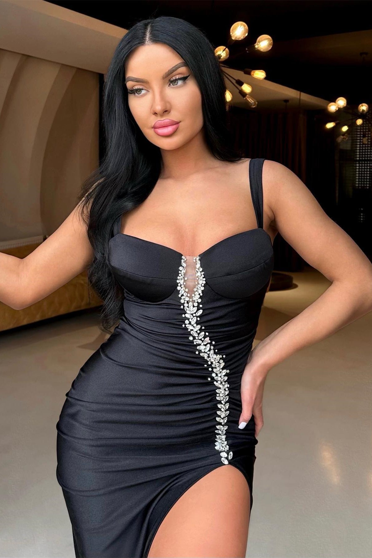 Gorgeous Black Beaded Sleeveless Mermaid Prom Dress with Split Long Skirt-BallBride
