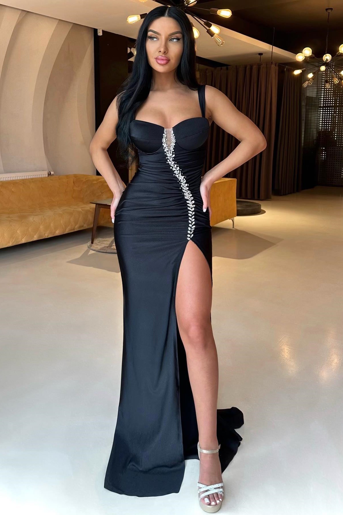Gorgeous Black Beaded Sleeveless Mermaid Prom Dress with Split Long Skirt-BallBride