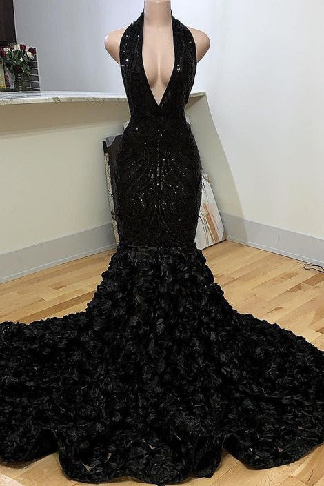 Gorgeous Black Halter Mermaid Prom Dress with Sequins and Flower Bottom-BallBride
