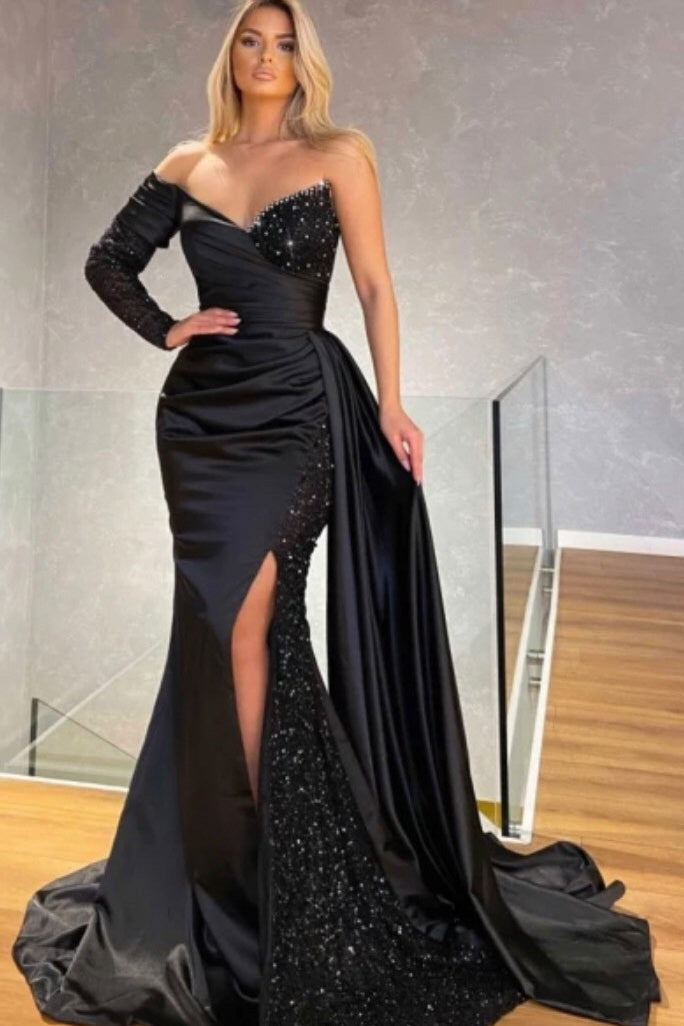 Gorgeous Black Long Sleeves Mermaid Evening Dress with Sequins and Ruffles Slit-BallBride