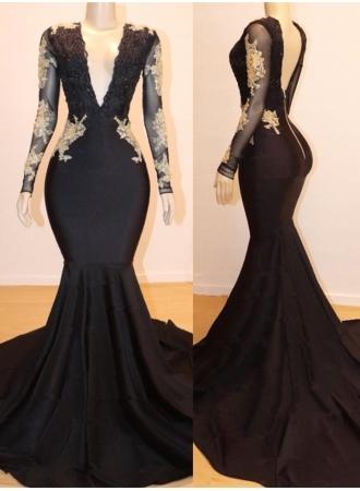 Gorgeous Black Long Sleeves Mermaid Prom Dress with Lace Appliques-BallBride