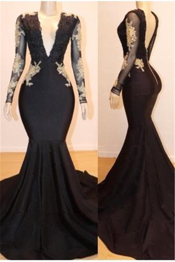 Gorgeous Black Long Sleeves Mermaid Prom Dress with Lace Appliques-BallBride