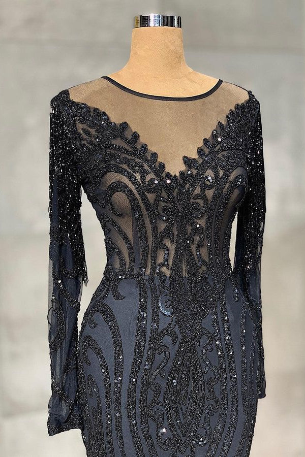 Gorgeous Black Mermaid Evening Dress with Long Sleeves and Appliques-BallBride