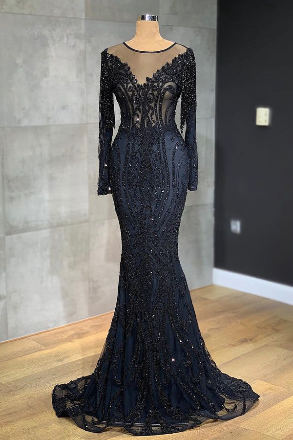 Gorgeous Black Mermaid Evening Dress with Long Sleeves and Appliques-BallBride