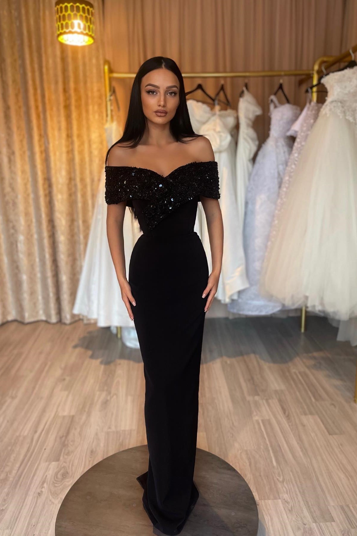Gorgeous Black Off-the-shoulder Sweetheart Mermaid Prom Dress with Sequins-BallBride