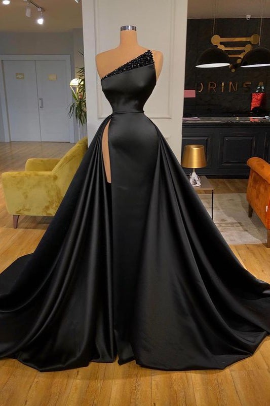 Gorgeous Black Prom Dress with Long Slit & Beaded Overskirt-BallBride