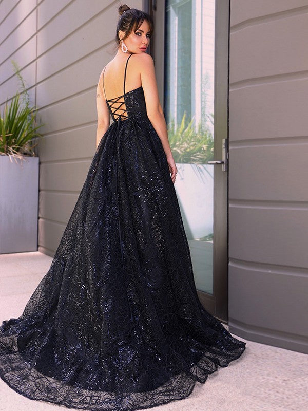 Gorgeous Black Spaghetti-Straps V-Neck Evening Dress with Long Sequins-BallBride
