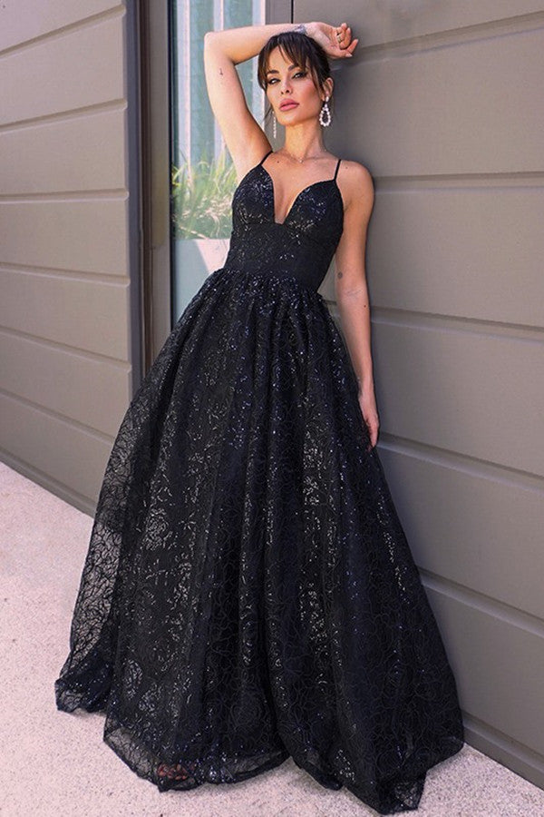 Gorgeous Black Spaghetti-Straps V-Neck Evening Dress with Long Sequins-BallBride