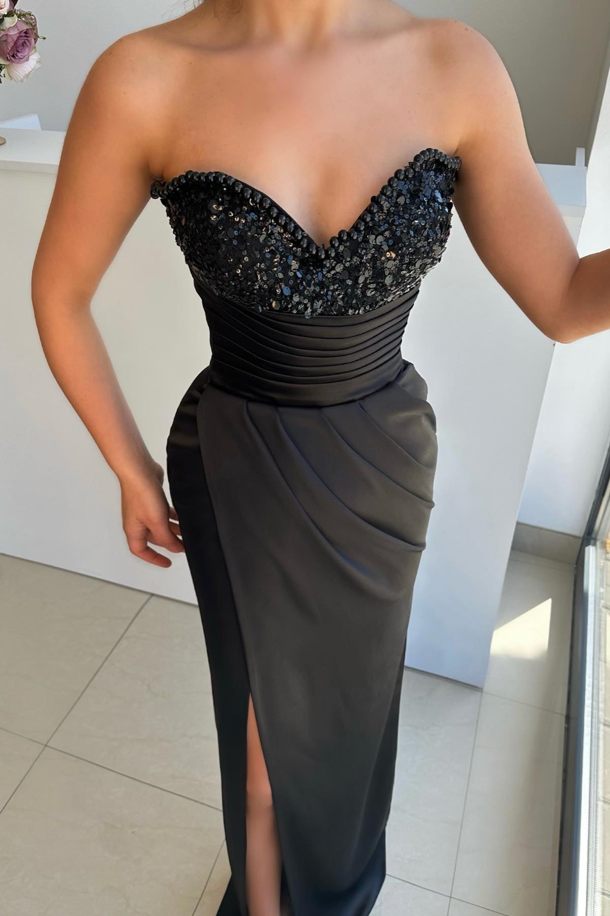 Gorgeous Black Sweetheart Prom Dress with Pleats, Pearls, and Sequins, Split-BallBride