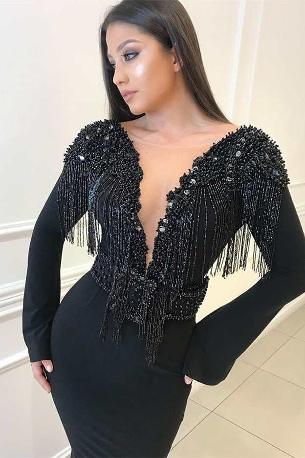 Gorgeous Black V-Neck Long Sleeves Prom Dress With Tassels and Open Back-BallBride
