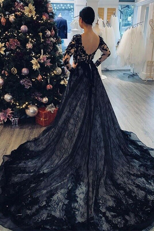 Gorgeous Black V-Neck Prom Dress with Lace Tulle On Sale-BallBride