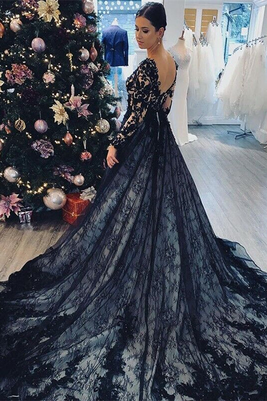Gorgeous Black V-Neck Prom Dress with Lace Tulle On Sale-BallBride