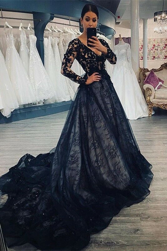 Gorgeous Black V-Neck Prom Dress with Lace Tulle On Sale-BallBride