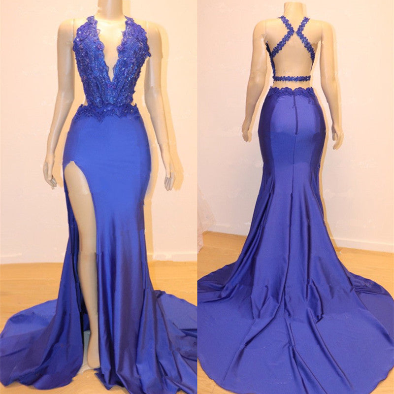 Gorgeous Blue Sleeveless Mermaid Prom Dress With V-Neck Appliques and Slit-BallBride
