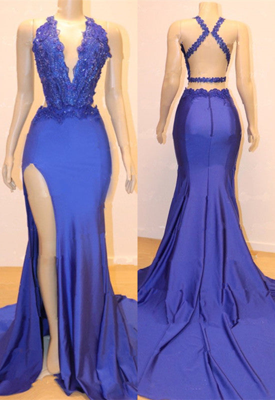 Gorgeous Blue Sleeveless Mermaid Prom Dress With V-Neck Appliques and Slit-BallBride