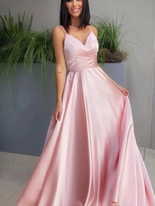 Gorgeous Blushing Pink Spaghetti-Straps V-Neck Evening Dress Long-BallBride