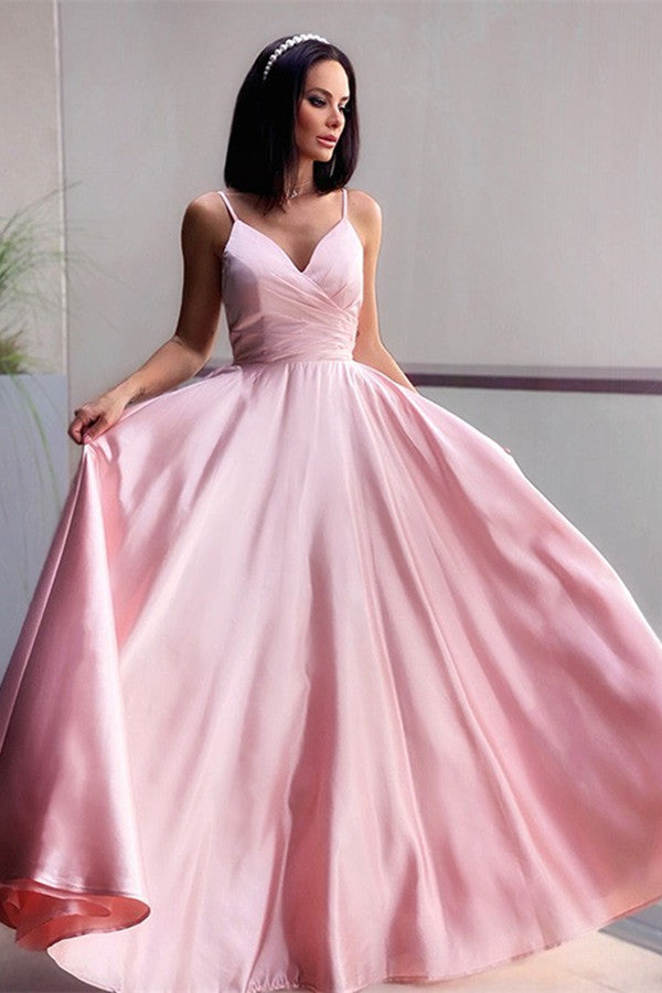 Gorgeous Blushing Pink V-Neck Evening Dress Long with Spaghetti-Straps-BallBride