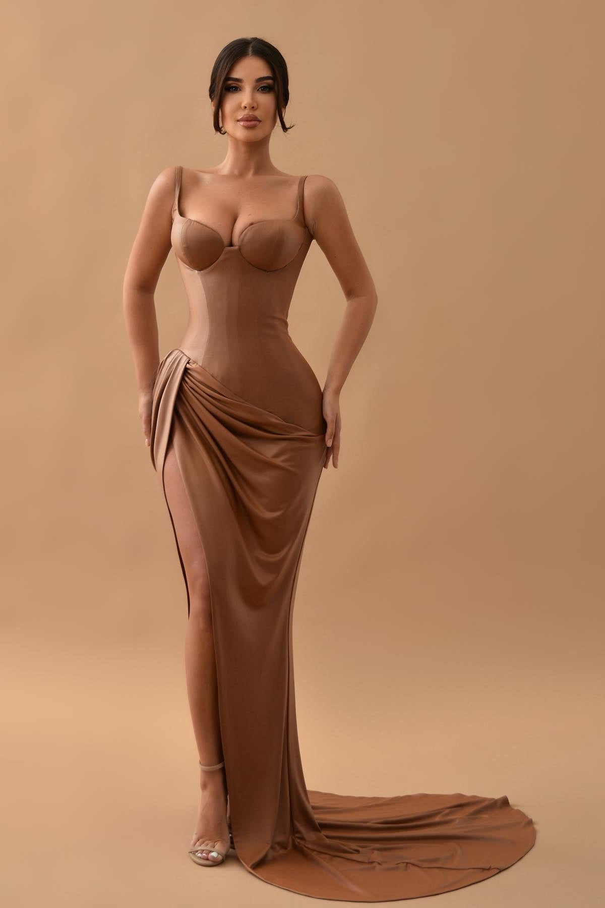 Gorgeous Brown Mermaid Prom Dress with Split Long Sleeveless-BallBride