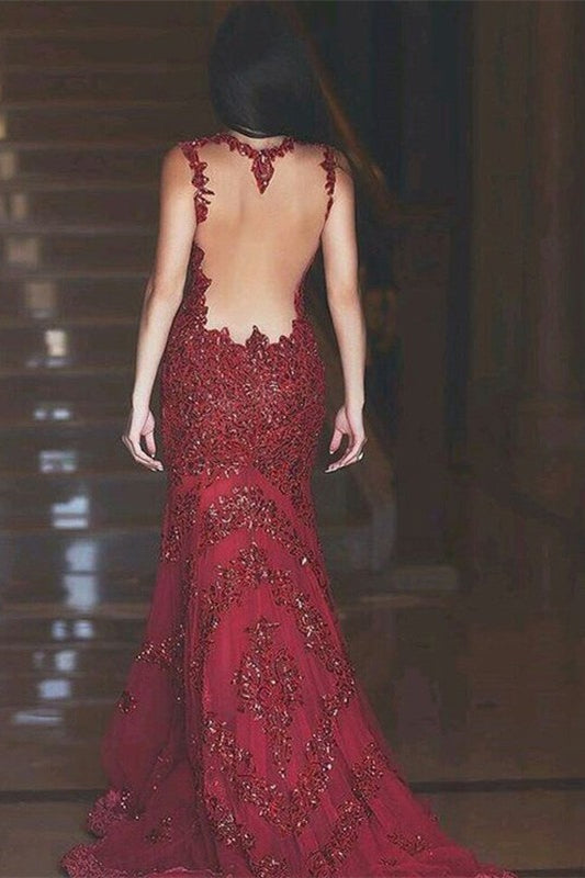 Gorgeous Burgundy Lace Prom Dress Mermaid Gowns-BallBride
