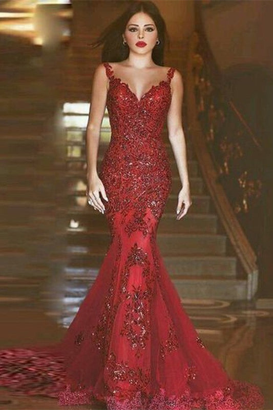 Gorgeous Burgundy Lace Prom Dress Mermaid Gowns-BallBride