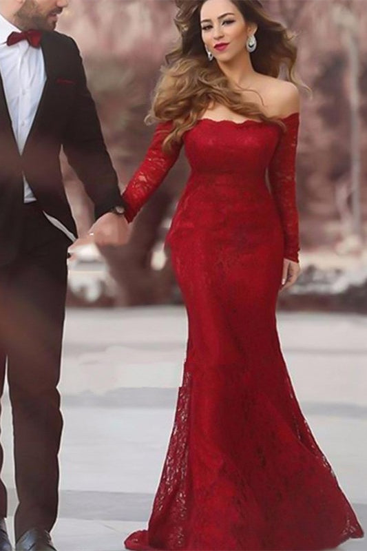 Gorgeous Burgundy Long Sleeve Off-the-Shoulder Mermaid Evening Dress-BallBride