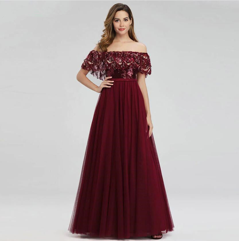 Gorgeous Burgundy Off-the-Shoulder Sequins Prom Dress-BallBride