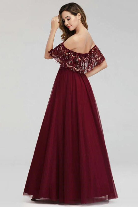 Gorgeous Burgundy Off-the-Shoulder Sequins Prom Dress-BallBride